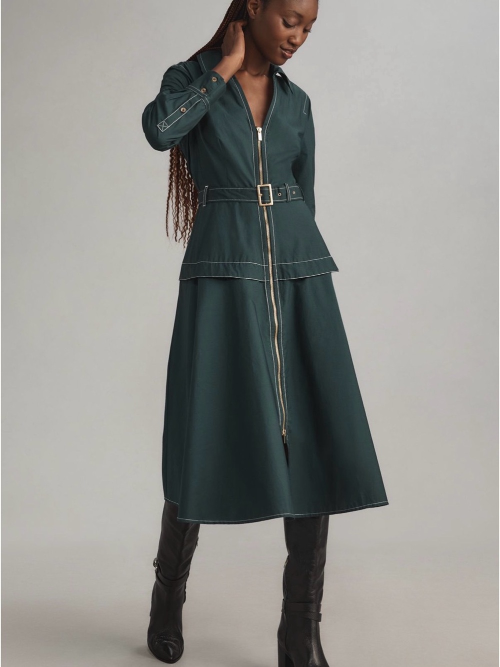 Anthropologie Long-Sleeve Belted Front-Zippered Midi Dress
